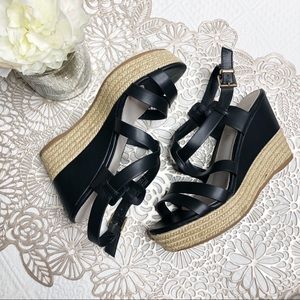 ALDO Black Ankle Strap Wedges, size 8